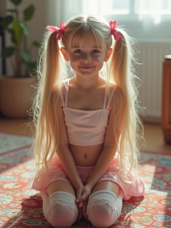 A young girl with long blonde hair in twin tails sits on a colorful rug in a softly lit living room. She has pink bows in her hair and a flirty smile. Dressed in a short crop top, pale pink skirt and thigh-high lace socks.