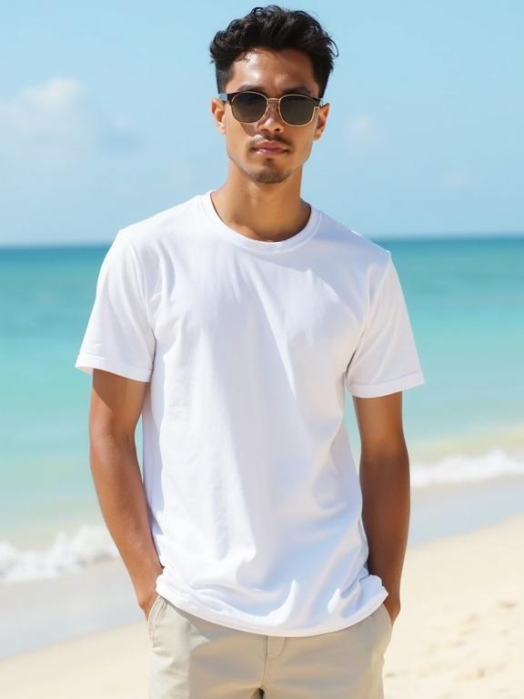Model standing on a sunny beach. Wearing white t-shirt and sunglasses. Shorts styled casually. Front facing camera composition.