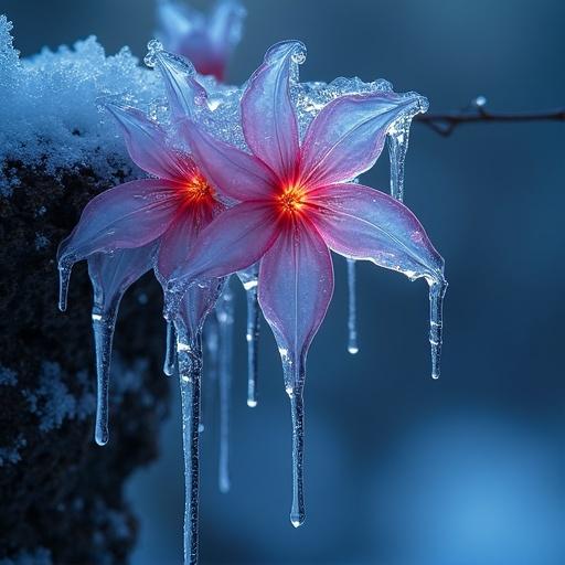 Icicles melting dripping trickling down forming ice flowers at night in a professional photograph. Inspired by artists like Luis Royo, WLOP, Artgerm Lau, and Anne Stokes. Features vibrant deep colors.