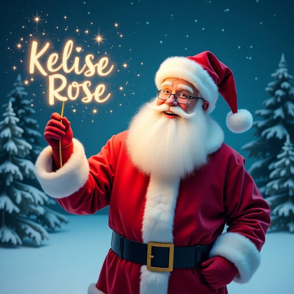 Jolly Santa Claus in snowy landscape holding magical wand shining sparkles with name Kelise Rose. He wears classic red suit with white fur trim and matching hat. Santa's eyes twinkle with joy writing names in the sky. Snowy scene with evergreen trees and starry night sky creates a festive magical atmosphere.