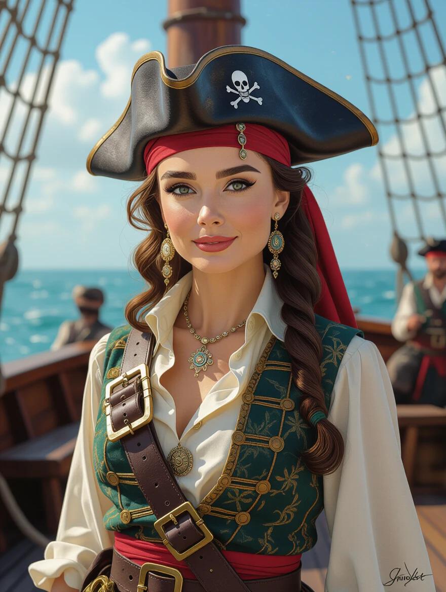 A female pirate captain stands confidently on the deck of a ship. She wears a detailed pirate outfit with intricate golden embroidery. Long hair cascades down her shoulders. The ocean sparkles in the background. The ship sails under a clear blue sky.