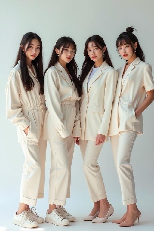 Four K-Pop girl idols pose together in a photoshoot. They wear trendy Y2K fashion outfits primarily in white. The shot is slightly distanced to capture the group appearance.