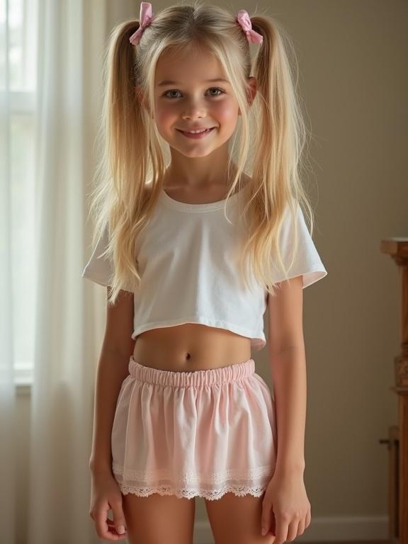 Lithe blonde girl stands in a softly lit room. Twin tails tied high with satin pink ribbons. Snug white crop top reveals toned stomach. Pale pink skirt falls above mid-thigh. Smooth legs clad in lace-trimmed thigh-high socks. Simple black shoes. Natural blush on cheeks. Head tilted slightly with playful sparkle in eyes. Warm glow casts soft shadows across her figure. Innocent yet captivating appearance.