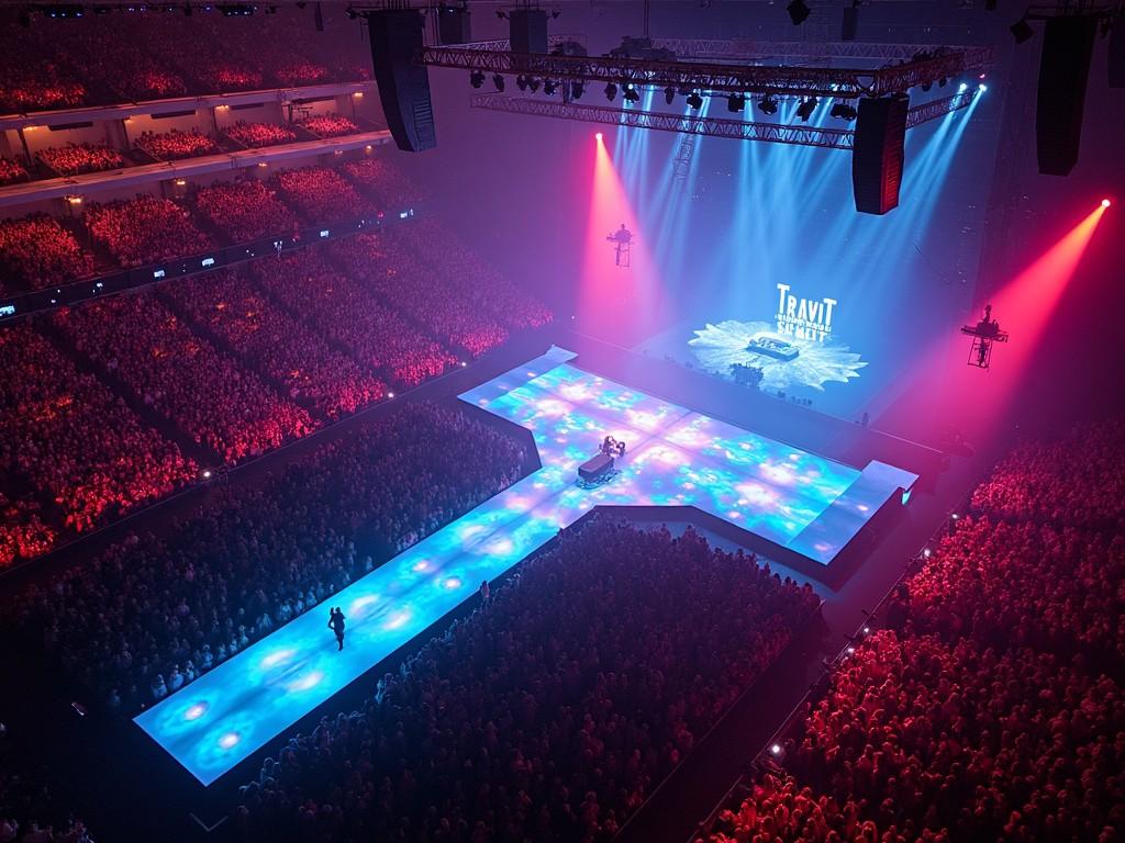 This image captures a stunning view of a Travis Scott concert at Madison Square Garden. The stage is designed with a central runway, known as a 'T stage', which extends into the audience. Bright, colorful lights illuminate the scene, creating an energetic atmosphere. This aerial perspective showcases the large audience enjoying the performance. The iconic Travis Scott logo is prominently featured on the backdrop of the stage, adding to the visual appeal of the concert setting.