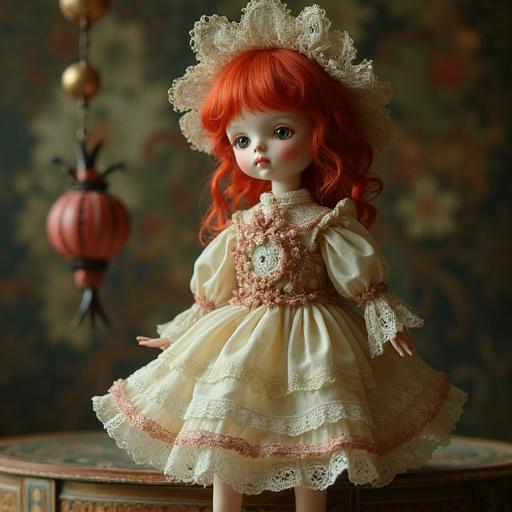 A ball jointed doll styled like Rozen Maiden is showcased. The doll features an intricate dress with lace and patterned fabric. Its hair is bright red and styled elegantly. The setting is adorned with vintage elements that add character to the scene.
