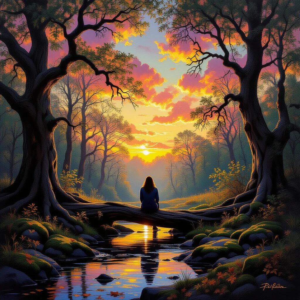 Enchanting oil painting depicts a solitary figure sitting on a fallen log in a forest clearing at sunset. Twisted branches of ancient oak trees create a natural cathedral. The sky explodes with vibrant colors including golden yellows deep oranges magenta and purple clouds. A small stream winds through the clearing reflecting the dramatic sky. Moss-covered rocks and wet fallen leaves gleam with light. Backlighting creates a peaceful silhouette surrounded by nature. Painterly style features rich textures and impressionistic brushwork depicting woodland serenity.