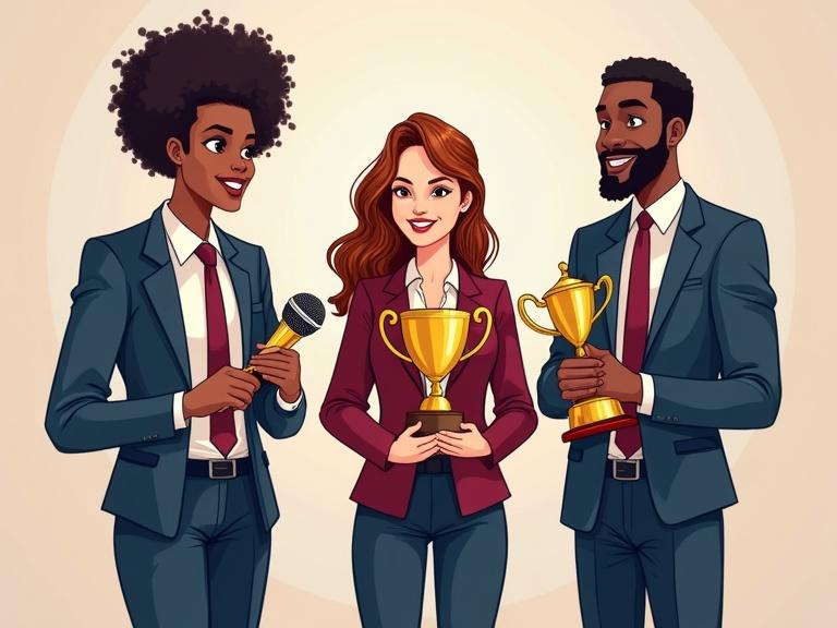 Drawing of three adults of different races in professional attire standing together on a stage. A woman in the center holds a larger trophy. All subjects hold trophies and microphones. Use maroon and navy blue colors.