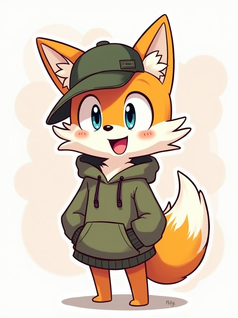 Draw a cartoon fox character wearing a green hoodie and a ranger hat. The character stands straight with hands in pockets. The background is plain white. The character has a cheerful expression.