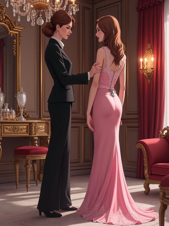 In a luxurious room adorned with gold-framed mirrors and red velvet furnishings. A woman in a black suit stands beside a crossdresser in a pink silk dress with lace trim. The woman touches a padlock on the dress. She looks stern while the crossdresser appears surprised. The scene is illuminated with soft lighting. Digital anime artwork in a romantic realism style.