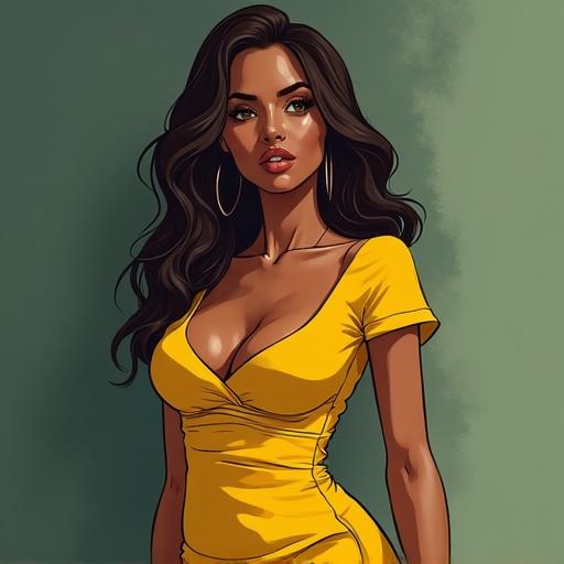 Stylish Brazilian woman with long hair wearing a yellow dress, posing against a green background.