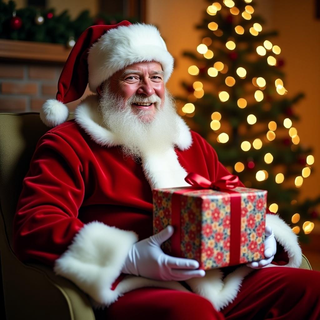 Jolly Santa Claus in a red suit with white fur trim is sitting in a chair. Santa holds a beautifully wrapped gift box with festive patterns in his hands. Behind him is a softly lit Christmas tree with lights. The scene captures warmth and cheerfulness along with the essence of holiday spirit.