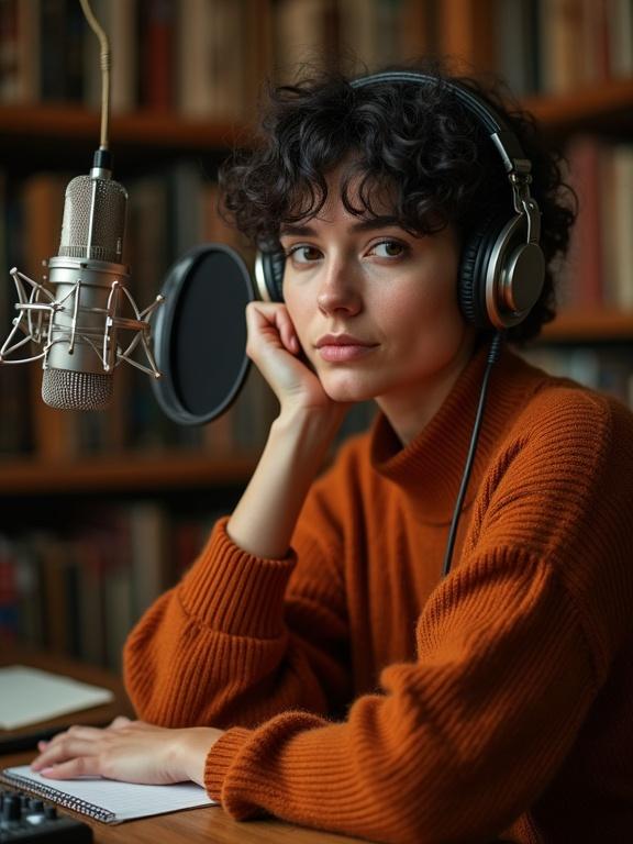 Highly realistic portrait of a woman in her late 30s with curly hair and focused eyes. She wears headphones and a cozy sweater, seated in front of a vintage microphone. Surrounding elements include blurred bookshelves and notebooks. She adjusts a mixer knob with her left hand. Lighting is warm and ambient.