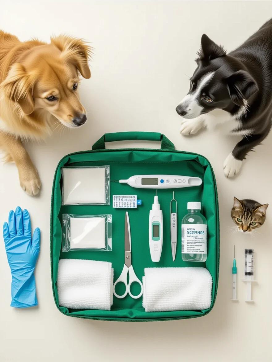 Top-down flat lay photograph of a veterinary first aid kit on a light background. Kit is open with gauze, thermometer, scissors, gloves, saline solution, antiseptic, towel, and syringe. Calm dog and cat are observing the kit from the side.