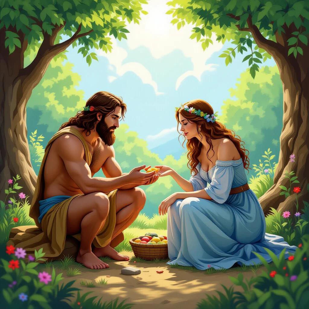 God creates the world. Creates Adam from dust and Eve from Adam's rib. Places them in the Garden of Eden. Prohibits fruit from the tree of knowledge.