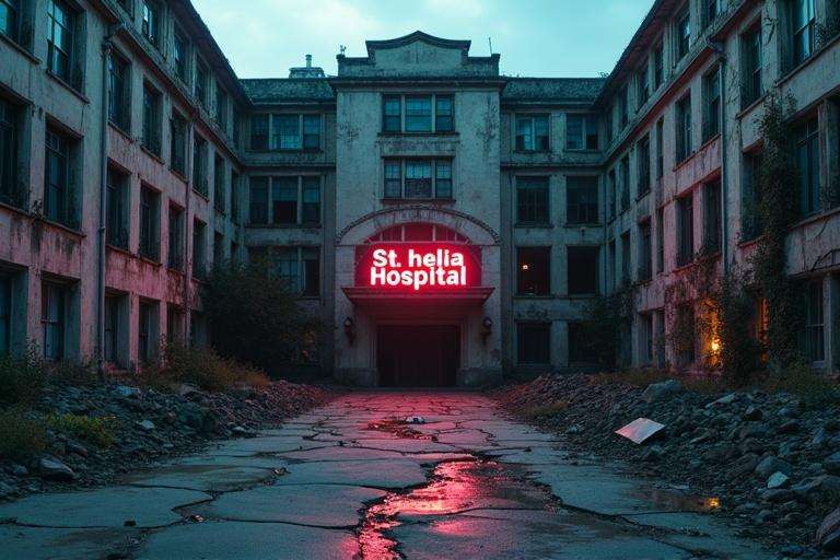 Wide shot of a massive hospital building with cracked concrete walls and shattered windows. A neon sign flickers above the entrance reading 'St. Helia Hospital.' Vines cover the walls, and the ground is littered with rubble. Dusk light creates long shadows and fires illuminate the decay. The atmosphere is chilling and quiet, suggesting hidden horrors inside.