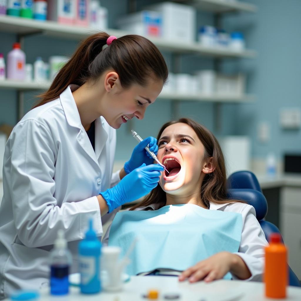 A young dental professional is focused on her work in a bright clinical laboratory. Wearing a white lab coat and blue gloves, she attends to a young female patient who looks uncomfortable with her mouth wide open. Various dental instruments and products are neatly arranged on the nearby table, adding to the organized feel of the scene. Shelves filled with dental supplies are visible in the background, contributing to the clinical atmosphere. This image highlights the importance of meticulous attention to detail in both dental education and practice.