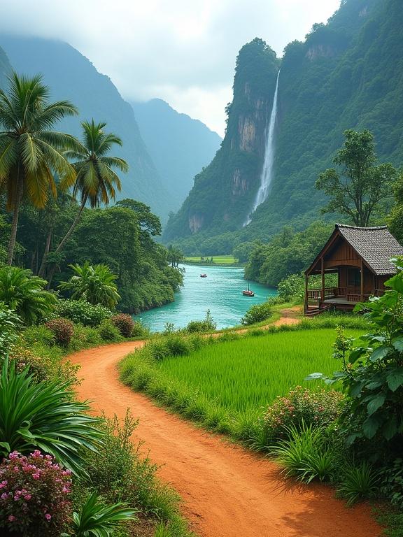 Stunning scenery showcasing winding dirt roads in a lush valley. Reddish-brown earthy trail curves through vibrant vegetation. Tall grasses and colorful flower beds with pink, purple, yellow blooms flank the path. Turquoise river winds through the scene bordered by bright green rice paddies. Small wooden houses with sloped roofs are scattered along the path. Palm trees and broad-leaved trees enhance the exotic feel. Majestic waterfall cascades down a steep cliff into the river under a cloudy sky. A small sailboat floats on the river, evoking tranquility.