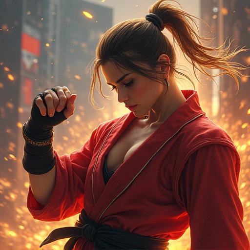 Female character in red outfit standing confidently with a city background. Character has long hair tied up. Dynamic pose suggesting martial arts or fighting context.