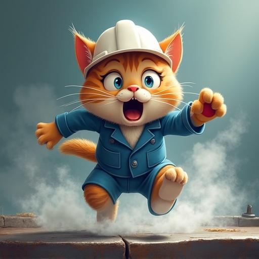 A semi-realistic cat in a white hard hat and blue uniform displays a startled expression while leaping away from a steaming metal surface. The cat's paw has a red mark, and clouds of steam surround it. The cat has a wide open mouth, illustrating a cartoon-style heat accident.