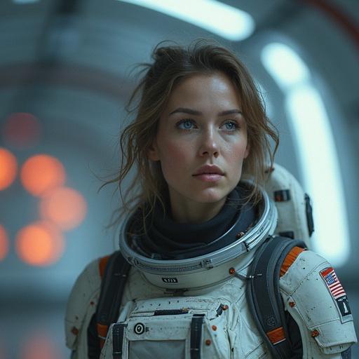 Woman in astronaut suit standing inside a spaceship. Soft lighting. Focus on her expression. Background blurred with ambient lights.