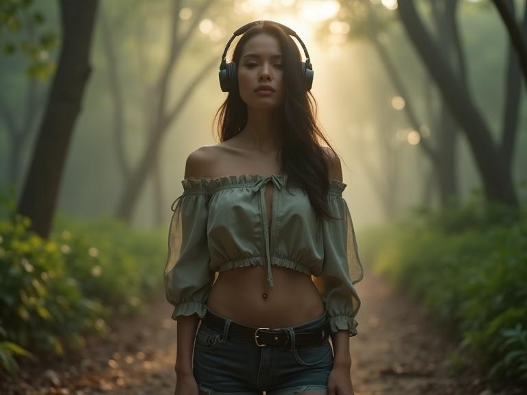 Ultra-realistic photo portrait of a female character in a misty forest at dawn. She stands still on a forest path with eyes closed. Her outfit is confident and relaxed, featuring an off-shoulder top and fitted shorts. Natural curves and facial features are depicted with detail. The lighting sets a calming ambiance. Focused on her wearing headphones.