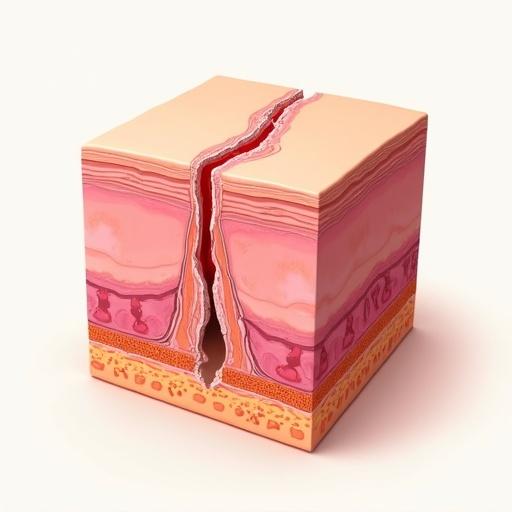 A 3D-style medical diagram shows a cross-section of human skin. Three layers represent the epidermis, dermis, and subcutaneous fat. A V-shaped wound goes through all layers, clearly visible. The background is clean and light. Colors are soft and educational without labels.