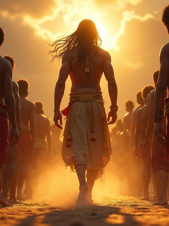 Epic Indian mythological moment with Karna stepping into the royal martial arena of Hastinapura. The crowd parts in silence. Karna walks from shadows into sunlight. His body glowing with light. Hair flowing, wearing golden earrings, bronze skin, divine armor. Dust rising around his feet. Background shows stunned crowd, Arjuna, Drona, and Bhishma. Cinematic tension with a golden-orange and grey stormy sky.