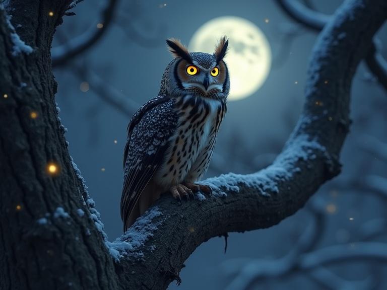 Dusky owl on ancient oak branch at night. Owl has luminescent eyes. Background features a full moon and starry sky. Snow on tree branches. Calm and mysterious atmosphere.