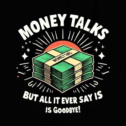 Black graphic t-shirt with a vintage style design featuring a stack of green banknotes and a prominent dollar sign. Above the money, the words 'MONEY TALKS' are in a curved font. Below, the phrase 'BUT ALL IT EVER SAYS IS GOODBYE!' is in a playful style. Decorative elements include stars, swirls, and rays behind the stack.