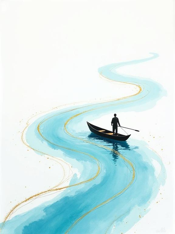 A minimalist ink painting features a white background. A cyan mountain is in the background. A man is in a boat on a winding river. Flowing lines represent the river. Golden lines accentuate the water. The artwork is created in a top view perspective. It emphasizes a minimalist style. The painting is ultra-detailed and suitable for prints.