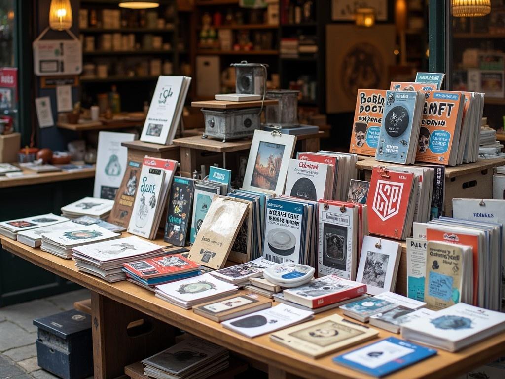 The image depicts a quaint bookshop display featuring a variety of books and postcards arranged neatly on a wooden table. The setting has a warm, inviting ambiance facilitated by natural light. Various titles can be seen, showcasing both modern and vintage styles. The background hints at a larger shop filled with books, enhancing the cozy atmosphere. Overall, it captures a moment of exploration in a charming bookstore.