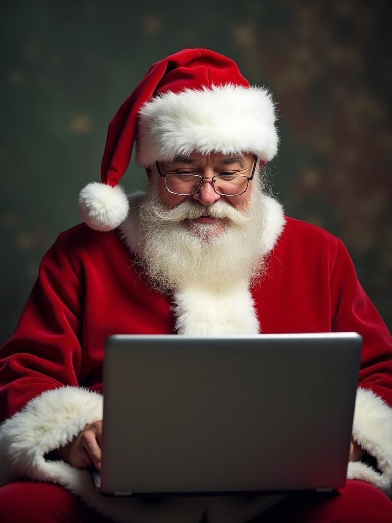 Santa Claus sitting in red outfit with laptop. The scene evokes a holiday atmosphere. Santa is engaged in online activities.