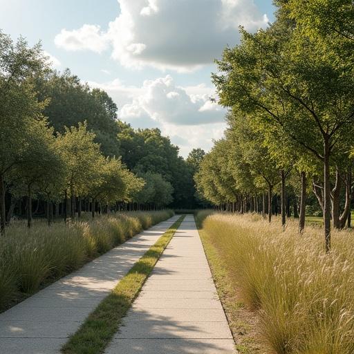 Pathway through a park lined with trees and grass. Open green space with a clear path in the center. Sky is partly cloudy. Scene evokes a sense of tranquility and nature.