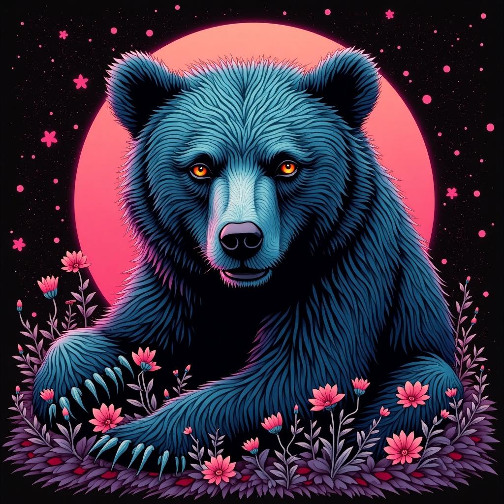 Vibrant depiction of a bear surrounded by flowers. Dreamlike and surreal elements emphasized. Art Nouveau style influences seen in form and color. Synthesis of colors represents synthwave aesthetic. Bear features expressive eyes and detailed fur with a glowing background.