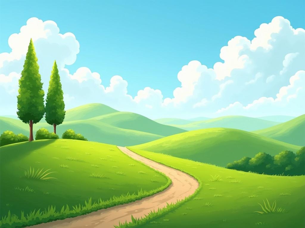 The image shows a beautiful landscape with rolling green hills and a clear blue sky. Soft, fluffy clouds float above, creating a serene atmosphere. Two tall trees stand to the left, providing shade and adding to the natural beauty of the scene. A winding dirt path meanders through the hills, inviting exploration. The vibrant green grass suggests a healthy environment, while the hilly terrain adds depth to the landscape. This peaceful countryside setting embodies tranquility and the beauty of nature.