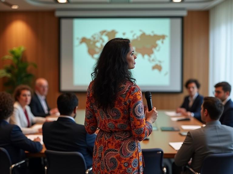 A middle-aged woman delivers a speech in a meeting room. The camera shows her from behind, facing a diverse audience of ten people. The audience includes individuals of Anglo-Celtic, Mediterranean, Asian, and Aboriginal heritage. The room features warm lighting and a color palette of creams, browns, maroons, and navy.