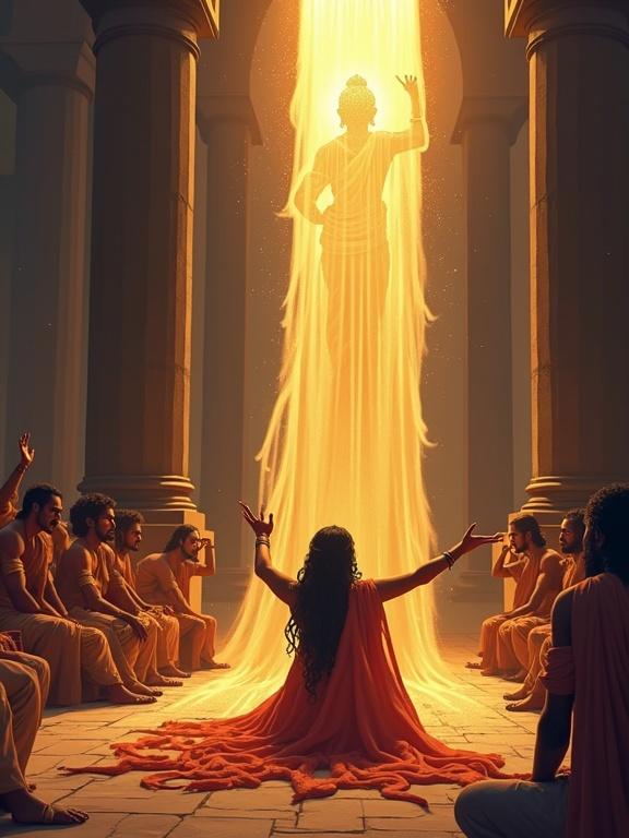 3D pixel art scene of Draupadi on the floor pleading to the heavens. Dushasana is pulling her saree aggressively. The saree flows upward into a golden light toward a divine silhouette of Lord Krishna. Kuru elders sit in silence, filled with shame. Karna and Duryodhana smirk in the background. Court is massive with stone pillars. Harsh spotlighting on characters. Divine aura radiates from above.