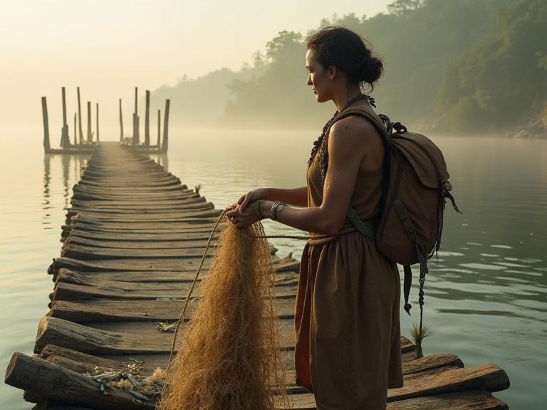 Fisherwoman in a wool tunic pulling nets full of river fish onto a pier. Weathered wooden beams stretch into misty waters. Algae-speckled skin glistens with water droplets. Bone-handled knife tied to waist. Primitive backpack rests behind. Dock showcases Bronze Age techniques with salvaged materials. Crumbling ruins loom in background. Scene bathed in golden hour lighting with hyper-detailed textures.
