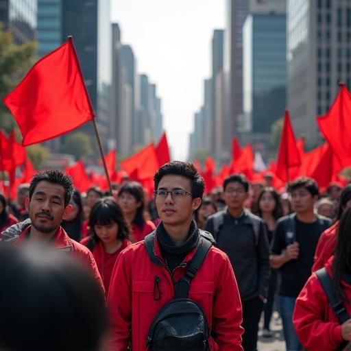 The people of Taiwan express dissatisfaction through a march. Large crowd holding red flags. Authentic city scene.
