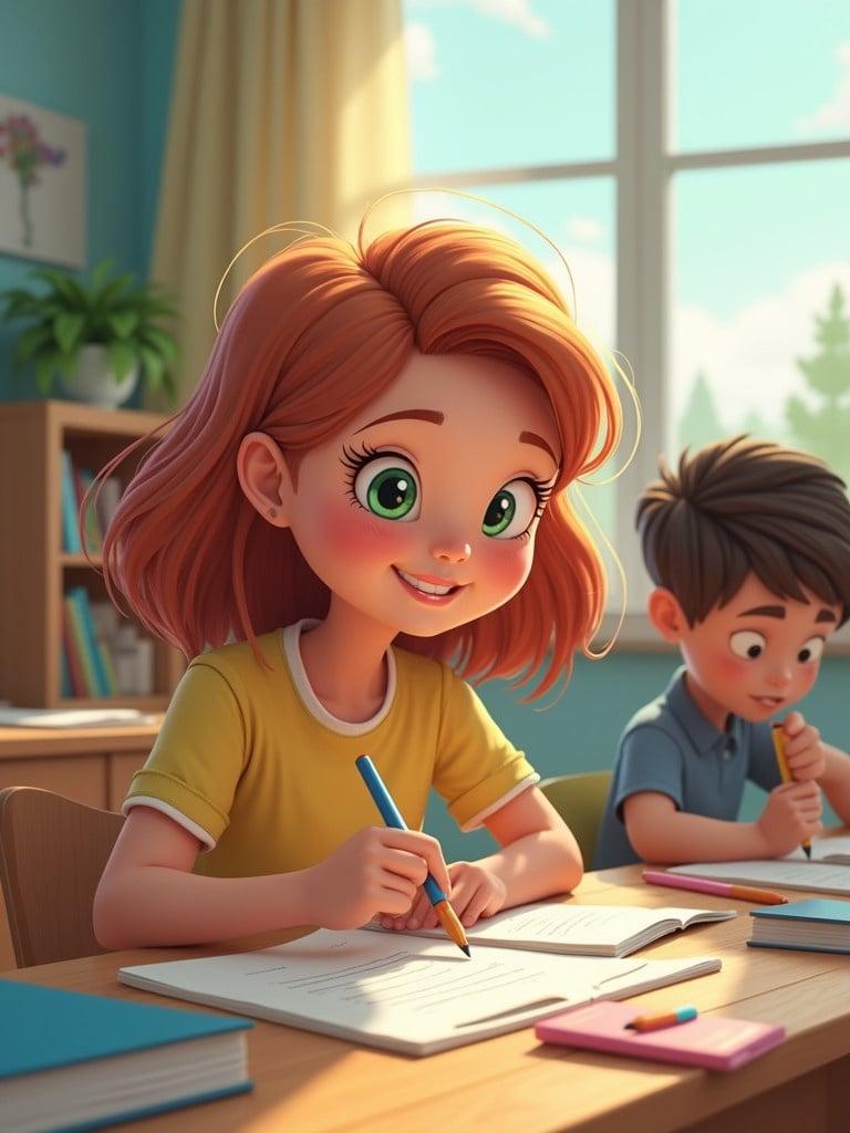 Image of children in a classroom setting. Two kids focus on their notebooks. One child writes with pencils. Bright sunlight shines through the window. Learning atmosphere captures children's engagement.