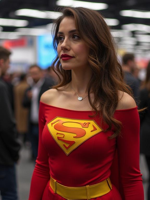 Mother dressed as superhero at comic convention. Show neckline and curves, highlight costume design and character representation.