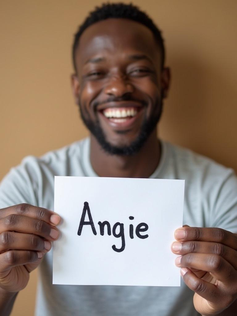 Smiling man holds a piece of paper. The paper has a handwritten name Angie. The person expresses joy. Right arm and hand are fully shown.