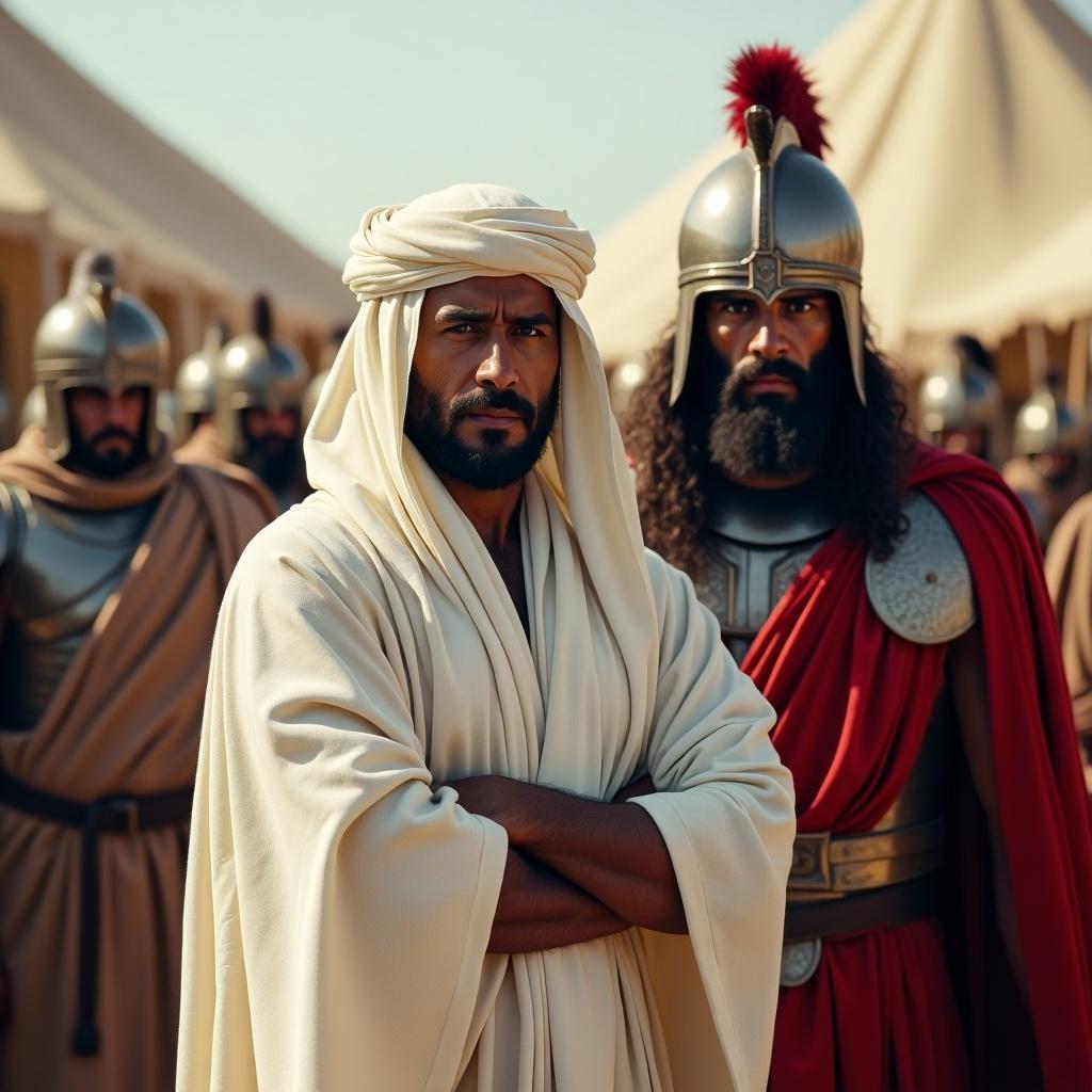 The image depicts a dignified Arab man from the 6th century, showcasing a powerful leader's presence. He wears a thick, flowing white robe, with only his face visible, symbolizing his humility and status. In front of him stands a muscular general with dark skin, adorned with an iron helmet and strong armor, complemented by a dramatic red cloth. The general has long hair and an angry expression, signifying strength and authority. The background features army tents and guards in armor, enhancing the military theme of the scene. This composition captures a moment of tension and leadership within a historical context.