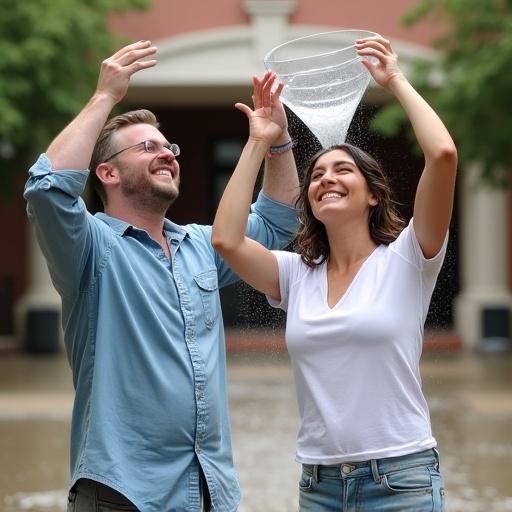 Two adults engaged in playful water-pouring activity. A man in light-blue denim shirt and jeans laughing with arms raised. A woman in a white shirt and jeans, getting water poured over her. Outdoor courtyard setting. Playful, lighthearted atmosphere with warm colors.