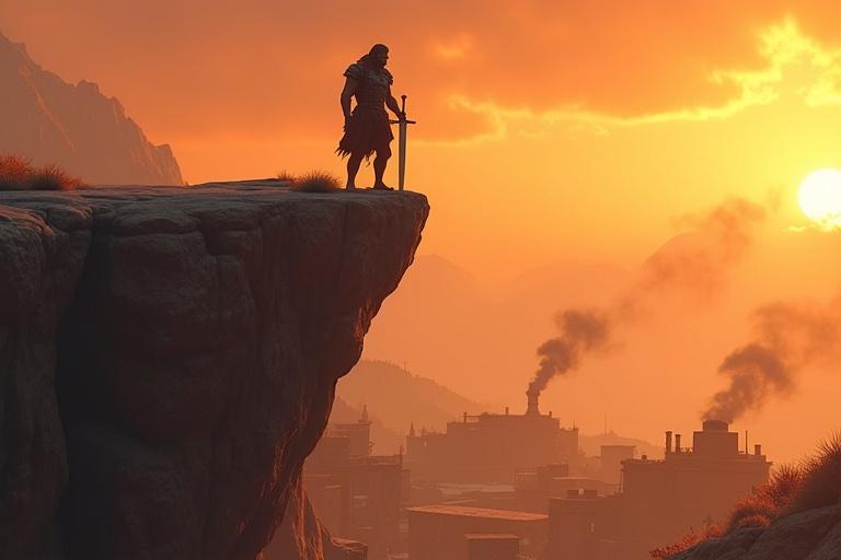 A low angle shot of a rugged Himalayan cliff. A warrior stands atop with a sword. His silhouette is against a fiery orange sky. Below is a village with stone houses and smoke. Earthy beige and maroon tones are used. Dynamic lighting with floating embers is shown. Stylized 3D animation in ultra-HD 4K with realistic textures is featured.
