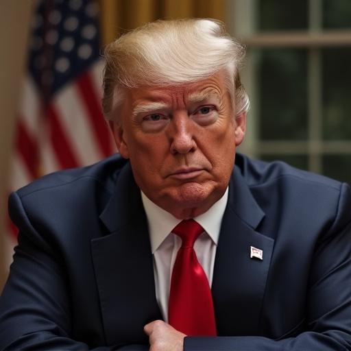 Portrait of a person looking serious with a formal appearance. Background includes a flag. The subject shows a contemplative expression. Suit and tie visible. Influential political atmosphere.