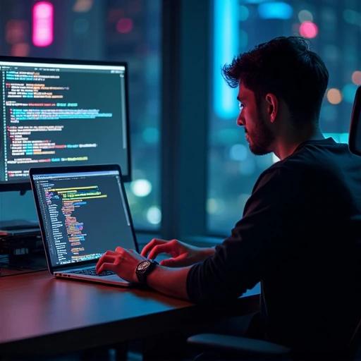 Man typing on laptop computer at a desk. Epic stock photo featuring a future coder. Noise of procedural code. Vibrant color scheme with thermal background. Taken from behind using a MacBook. Depth of field applied. Developing coding projects.