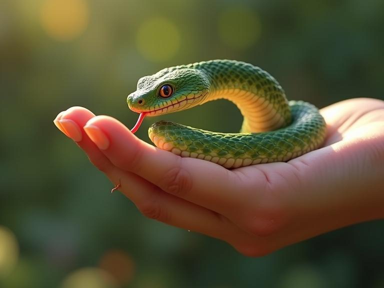 A Pixar style snake is positioned in a hand. The snake is vividly green with a playful appearance. The hand is open and gently holding the snake. The background is softly blurred with light.