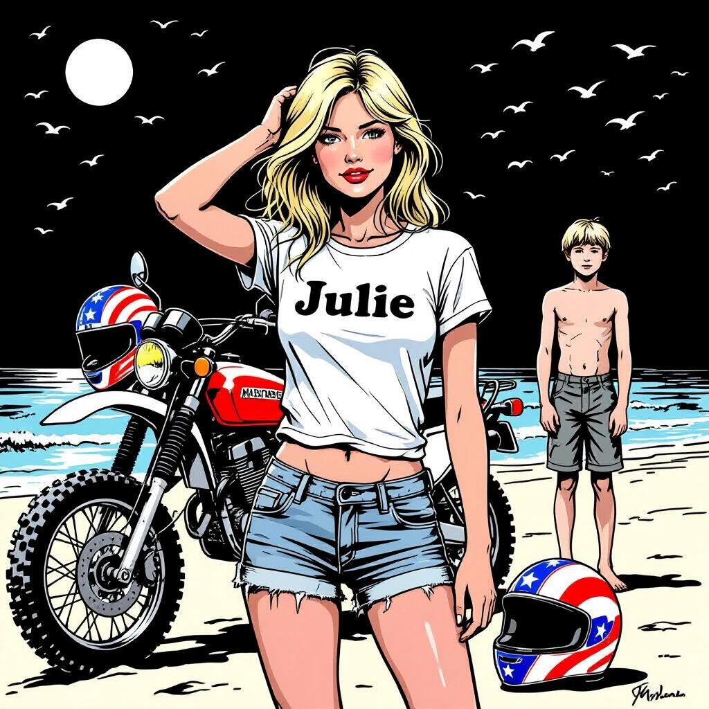 Blonde girl stands at beach. She wears white t-shirt and short jeans. T-shirt says Julie. She strokes her hair. Offroad motorcycle is beside her. Helmet with stars and stripes is on the bike. Background shows a boy in blue swimming trunks looking at motorcycle. Scene is in comic style with bold outlines.