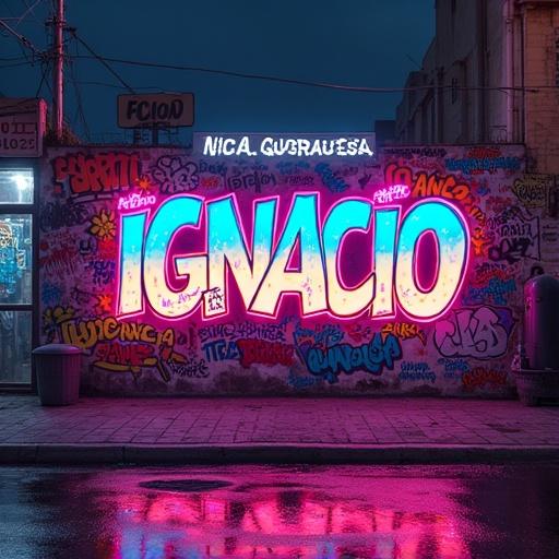 Graffiti mural features the word IGNACIO in large letters. Bright fluorescent colors dominate the scene. Cyberpunk theme evident through vibrant lighting and urban backdrop.